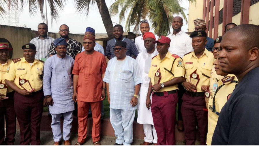 Members of ST Tamandu Marine Patrol and LASTMA officials, including General Manager Olawale Musa and Zonal Head Emmanuel Aladeseye, in a group photograph outside LASTMA headquarters.