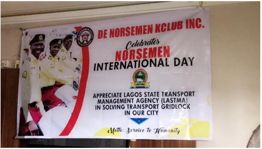 The De Norsemen Kclub International banner displayed at the LASTMA headquarters during the Norsemen International Day appreciation visit.
