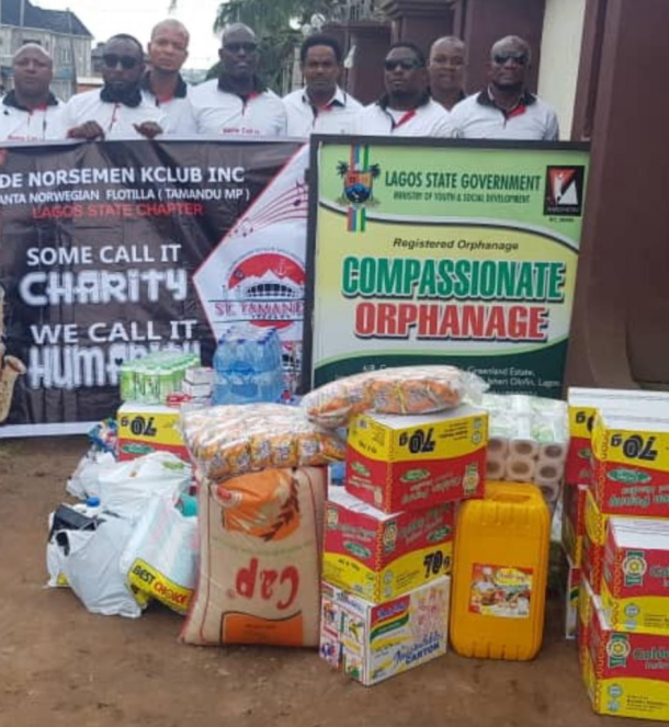 Donated items including rice, noodles, toiletries and provisions assembled outside Compassionate Orphanage Home ahead of the handover.