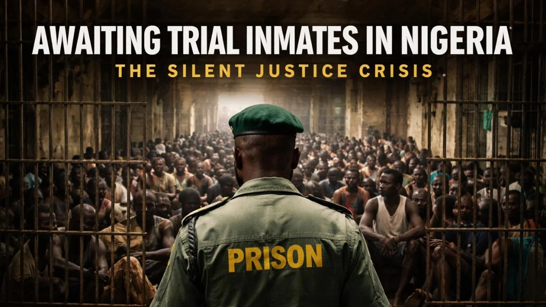Awaiting trial inmates in Nigeria behind prison bars, highlighting the justice system crisis.