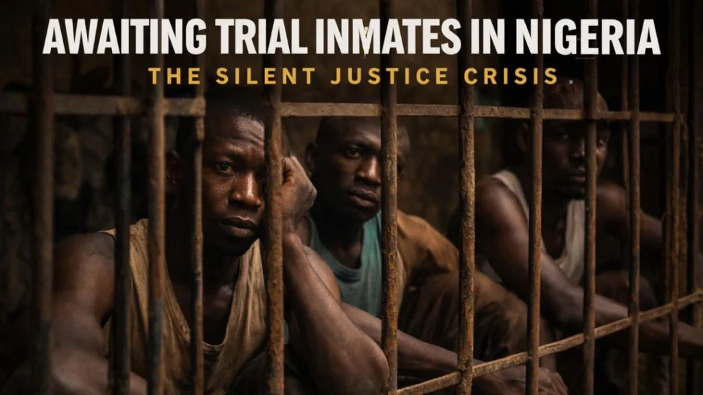 Awaiting trial inmates in Nigeria sitting inside a correctional facility, illustrating prison congestion.